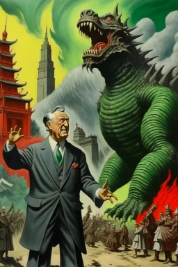 President Franklin D. Roosevelt painted as Godzilla destroying japan