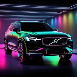 neon light super design futuristic Volvo SUV in the style of light black and multicolor neon flashy transluscent, luminous , machine aesthetics,