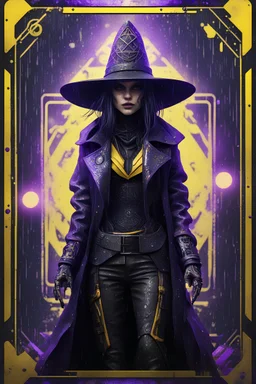 sacred geometry framed playing card, black, yellow and purple noen cyber punk dancer thief in soaked rain coat and cowboy witch hat shadows boss card in the style of Giger and fallout 4 ,,bokeh like f/0.8, tilt-shift lens 8k, high detail, smooth render, down-light, unreal engine