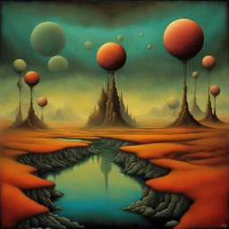 Surreal landscape of fractured reality where road meanders to know-where, floating strange moons and astral projectiles, cool weird colors, hallucinatory surrealism, by Andy Kehoe, by Yves Tanguy, by Zdzislaw Beksinski, macabrely fascinating flowing sense of strange, thick haze of the liminal congealing into a mouth.