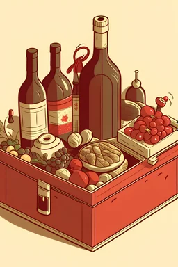 A cardboard box full of cake stuff in illustration style xmas, can of soup, Christmas food. bottle red wine,