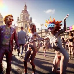 Ultra Realistic photo, medium shot view, drunken dancer naked woman, carnival scene, monster hair, steampunk. Red hair, confeti, Sunglasses, smile, happy, festival, gradient color fog. highly detailed, concept art, unreal engine 5, ray tracing, RTX, lumen lighting, ultra detail, volumetric lighting, 3d, finely drawn, high definition, high resolution.