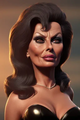 Sophia Loren as evil queen in black leather gown, cleavage, angry, dominaneering, stern look unreal 5, octane render,cinema4d, dynamic lighting, dramatic lighting, 4k, redshift render, highly detailed, hyper realistic