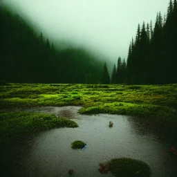 dense florest landscape, rain, aesthetic