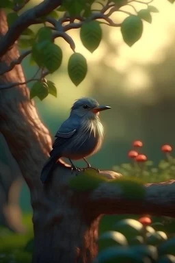 a cute little bird perched on magical tree , detailed,8k,