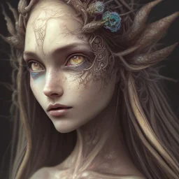 karlan, rusty metal, anime, Dryad, fae, sidhe, ominous, nature, plants, wildflower, facepaint, dnd character portrait, intricate, oil on canvas, masterpiece, expert, insanely detailed, 4k resolution, retroanime style, cute big circular reflective eyes, cinematic smooth, intricate detail , soft smooth lighting, soft pastel colors, painted Renaissance style