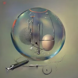 unverse-like Soap Bubble including complex surgical instruments mixed with musical instruments,Painting By Adrian Ghenie, Rene Magritte, Salvador Dali, Lucian Freud