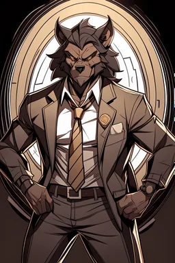 Buff, anthro, wolf, himbo, black fur, gold eyes, wearing a suit, full-body, muscles, strong, muscular, man boobs, bulky, tail, dark fur, smug grin, hands on hips, furry-himbo