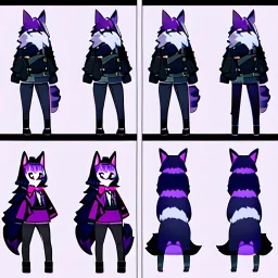 a fox fursona, darker colors, master quality, backlighting, soft lights, full body portrait, in frame, 8k, furry, fur, black and purple color pallet, fursona reference sheet,