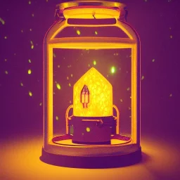 glowing fireflies in a lantern, many ghostly lights inside a belljar, fairy lights, polaroid, symmetry, bioluminescence, luminescent glow, moody, tender, photorealistic, octane render, golden hour