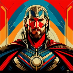 Create a high-definition art-deco style image of a character inspired by MCU's Thor. The image should feature bold, streamlined geometric shapes and a limited color palette of four striking colors that reflect the character's traditional color scheme. The character should be positioned front. The background should incorporate stylized art-deco movement.