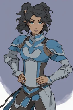 Drawing of Korra the Avatar as a female Moonelf twilight cleric with black, very curly, very short hair and blue eyes, wearing gray armour. Etheral, muscular.