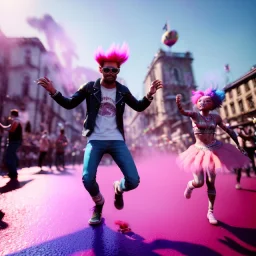 Ultra Realistic photo, medium shot view, drunken dancer strong man, carnival scene, monster hair, steampunk. Pink hair, confeti, Sunglasses, smoking, happy, festival, red fog. highly detailed, concept art, unreal engine 5, ray tracing, RTX, lumen lighting, ultra detail, volumetric lighting, 3d, finely drawn, high definition, high resolution.