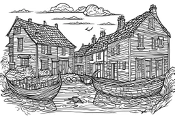 English fishing village thin light sketchy light hb pencil line art minimalist outlines