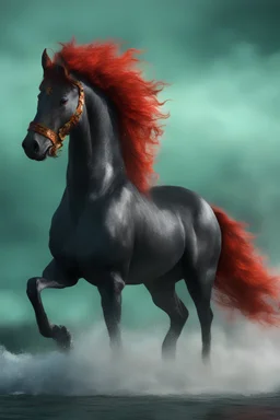 full body, head to toe, 3D, the anthropomorphic black Chinese Indian werewolf Horse with Long wavy, curly (((red hair))) and bright, (((sea-green eyes))), breathing fire, resembles Elvis Presley - full color - 32k, UHD, 1080p, 8 x 10, glossy professional quality digital photograph - dark foggy gradated background, historic, powerful, octane rendering, exquisite detail, 30 - megapixel, 4k, 85 - mm - lens, sharp - focus, intricately - ((skin details, high detailed skin texture