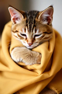 Sad little cat hugging a piece of cloth