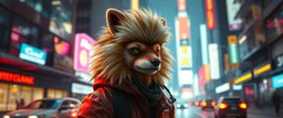 nico belic as fast cyberpunk weasel rasta man with cute fur, in big cyberpunk city, in the style of gta 4, with motion blur and volume light