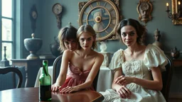 Persons flash photo, 1980 horror movieshot, sitting on a chair, table, bottle, eaging, dine, odd objects in background, persone con sorriso falso e occhi grandi, tenebroso, macabro, interno museo, fiotti di liquido nero che zampillano, hypermaximalist, Hieronymus Bosch style, strangeness, sundial light, intricate, albero, hypnotic, very accentuated details of the dress and skin, eerily mysterious, artistic photo, shot on Hasselblad, sadness, follia