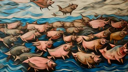 abstract painting, many pig with wings flying in the air over the sea, minimalist, bizarre, surreal, art brut, outsider art, a muted colors photo, pexels contest winner, 1940s, high quality photo,