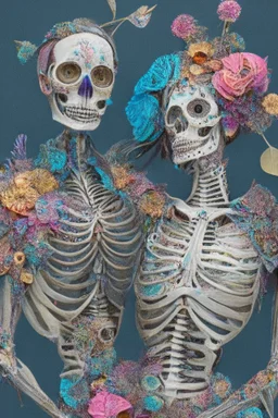 Partially skeletonized couple cobbled together with paper mache from magazine clippings and covered in mixed media such as feathers, foliage, flowers, gemstones, and shiny gewgaws; quilling, award-winning, masterpiece, portfolio piece, fantastical, Intricate, Hyperdetailed, Holographic, Magnificent, Meticulous, Mysterious