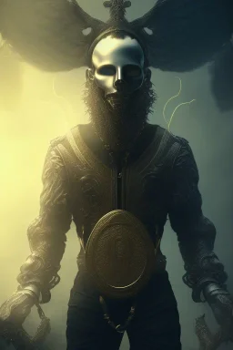 running berserker portrait , no face, black jogging suite , in the night Alps , holding coins , angels background, volumetric gold light, high detail, dark leaf tree, dark mountains in background, perfect, HR Giger style