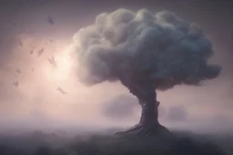 a beautiful digital painting of a marble tree entertwined in tumutluous clouds, intricate white branches and birds flying in the sunlight, blue sky at sunset, elegant, highly detailed, artstation, concept art, matte, sharp focus, art by tom bagshaw, kelogsloops and greg rutkowski