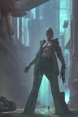 cyberpunk saggy granny woman, abandoned sci-fi town, future, sci-fi
