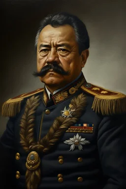 Painting portrait of Samoan formal chief young and black hair in military uniform imperial with mustache