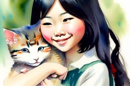 A cute smiling asian girl is holding a kitten. Watercolour