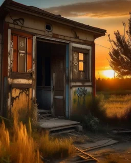 abandonaded house, near little road, break windows, wooden door, graffiti on facade, sunset