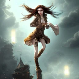 steampunk, female monk, falling from heaven, long hair, full-body