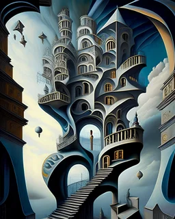 A captivating, surrealist painting of a gravity-defying, Escher-inspired building with multiple perspectives, impossible staircases, and fantastical elements that defy the laws of physics, set within a dream-like landscape.