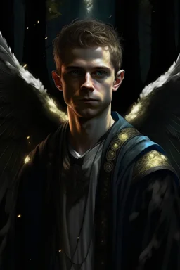 portrait of a celestial male archangel with characteristic clothing, in a forest with black backgrounds realistic style