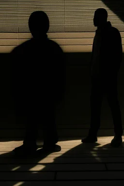 a mon standing in front of a wall staring at his shadow on the wall.