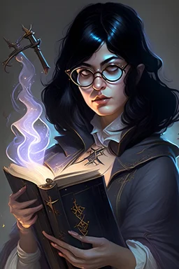 Stuning female wizard, black hair, glasses, holding spellbook and wand,bookworm, dnd, busty