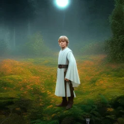 model shoot style, digital art portrait of (young Luke Skywalker) ((dressed in simple jedi tunic)), surrounded by 100 planets, ultra-detailed, ultra quality illustration, eerie atmosphere, 8k, cinematic lighting