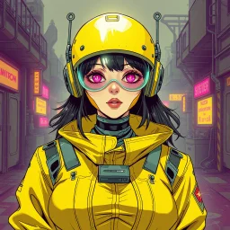 a feminine cyborg, yellow, post apocalyptic, fallout, dystopia, neon vintage anime