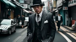 male gangster dressed in a black and white pin strip suit and black hat on the hectic street in Souel South Korea