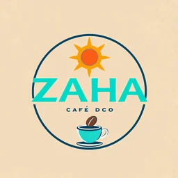 A circular logo with the name (ZAHA) designed for a cafe with the sun symbol and turquoise and indigo color and a coffee bean and a coffee cup at the bottom of the logo and a blue and black circle around the work