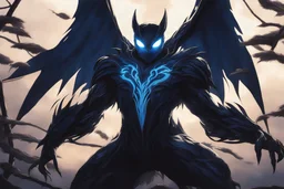 Symbiote in 8k solo leveling shadow drawing, owl barn, blue lights, sky , intricate details, highly detailed, high details, detailed portrait, masterpiece,ultra detailed, ultra quality