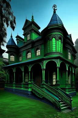 A dark green and navy blue haunted warped mansion designed in Mehndi design painted by Birge Harrison