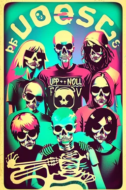 upclose tshirt print of a band,"Mashup" & "Cozy Condition", cool and trendy 90s funk vibe, selective colors, skeleton shadow figures, drums, guitars, fluits, chaotic