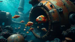 A surreal scene of deep sea fish emerging from a futuristic metallic landscape, bioluminescent creatures swimming through rusted metal structures, vivid colors, highly detailed, fantasy concept art, illustrated by H.R. Giger and Takashi Murakami, dynamic lighting, underwater ambiance, 8k resolution.