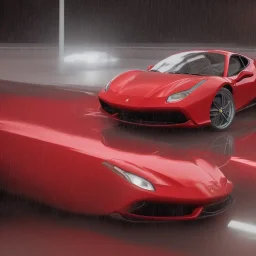 red Ferrari 488 driving in the rain at night with a lot of reflections