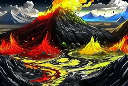 acidic soil in anime style with lava and mountains , red white yellow black colors , magic the gathering style, realistic style