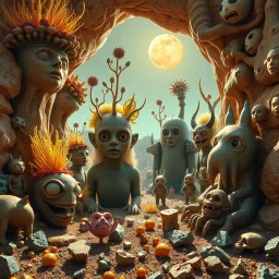 A striking photograph captures a sub-paracosm from a phantasmagorical universe made of glossy organic material, human statues, with group of plants and animals, eyes, teeth, figures, adorned with glossy minerals and rocks, eerie, wasteland, Max Ernst style, hypnotic, intense noon-light sun, 8k, deep 3d field, strong texture, extreme detail, intricate, colours, rich moody colors