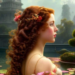 Hyperdetailed oil on canvas, young robyn lively sits by the ornate fountain, goldfish pond, lotus, detailed face, long red curly hair; by gaspar camps, maxfield parrish, alphonse mucha, cyril rolando, dan mumford; luminous colorful sparkles, glitter, airbrush, octane render, volumetric lighting, 16k