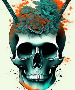 minimal lineart skull. watercolor and ink. black background. teal and orange