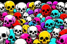 a field of 1000s of cartoonish, anatomically correct, skulls, vivid RANDOM BRIGHT neon colors, dark comedy, well lit, high detail, photorealistic, horrorcore, fun, scary, none featured, each a different color or hue,