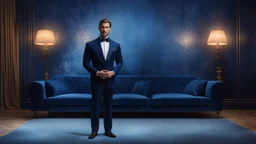 Hyper Realistic Handsome-Muscular-Man-with-little-smile Wearing Navy-Blue-Velvet-Tuxedo standing in a dark-room with blue-patterned-vintage-wall & glowing-blue-water-splashes on the floor with fancy-navy-blue-couch-&-fancy-lamps-on-wall